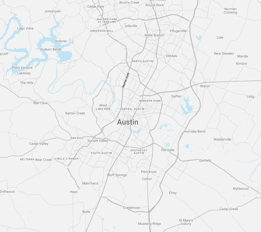 Map of Austin, showcasing Paradise Pools & Spas' service areas for custom pools.